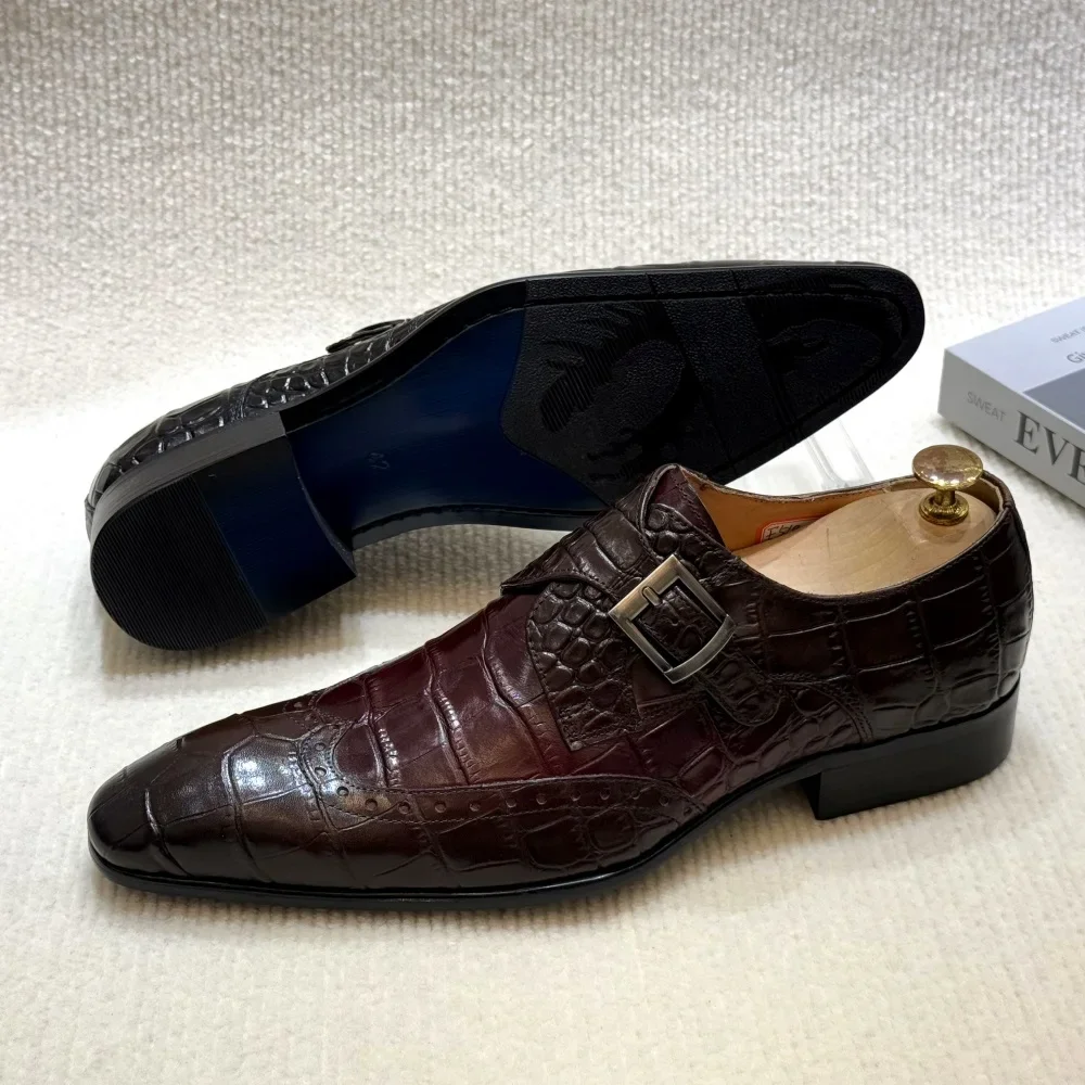 FELIX CHU Mocasines formales sin cordones de cuero genuino para hombre Zapatos de vestir de boda Brogue con punta de ala Detalle de hebilla para banquete de fiesta