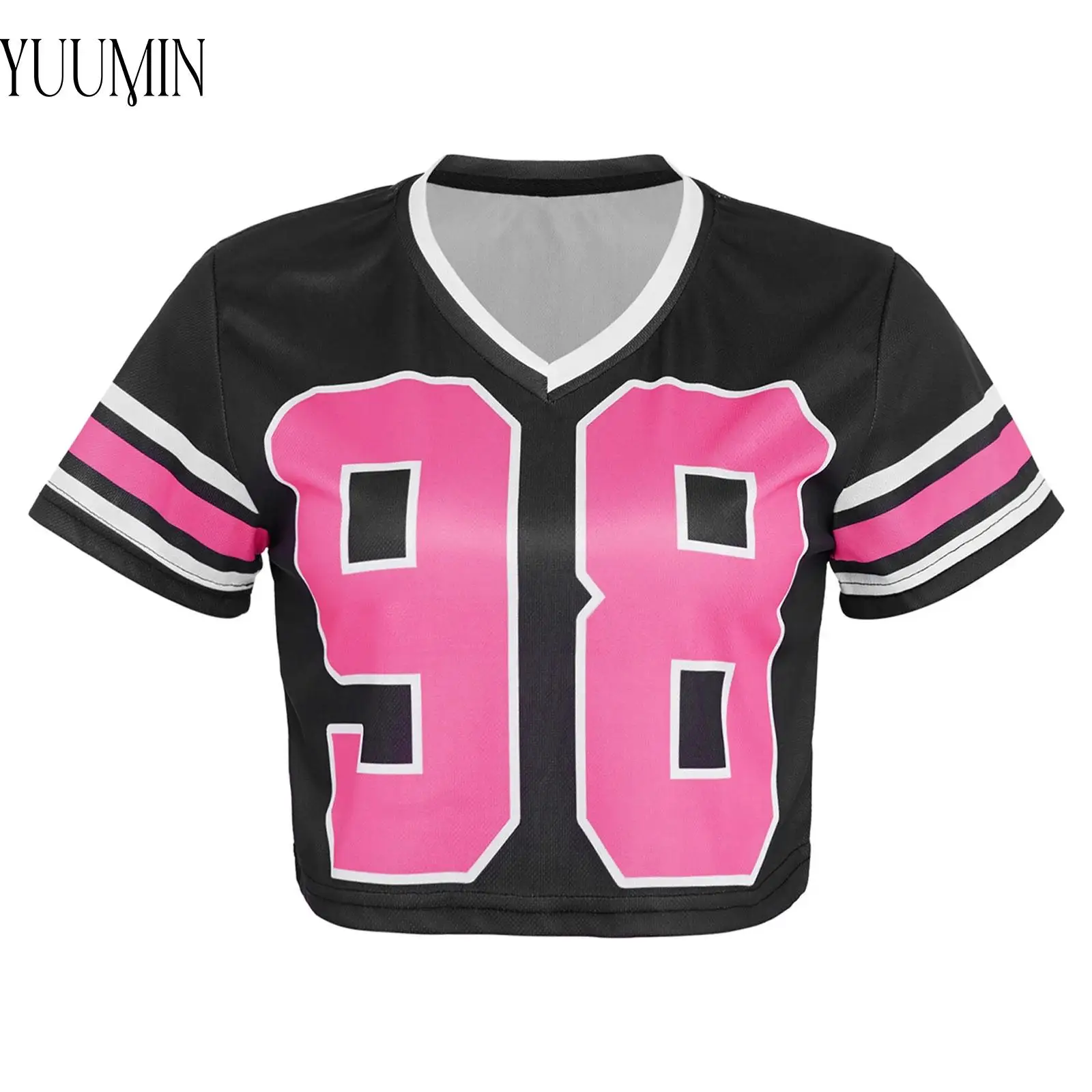 Women Basketball Sports Tops Number Print Contrast Color Crop Top Short Sleeve T-shirt for Baseball Workout Cheerleading Hip Hop