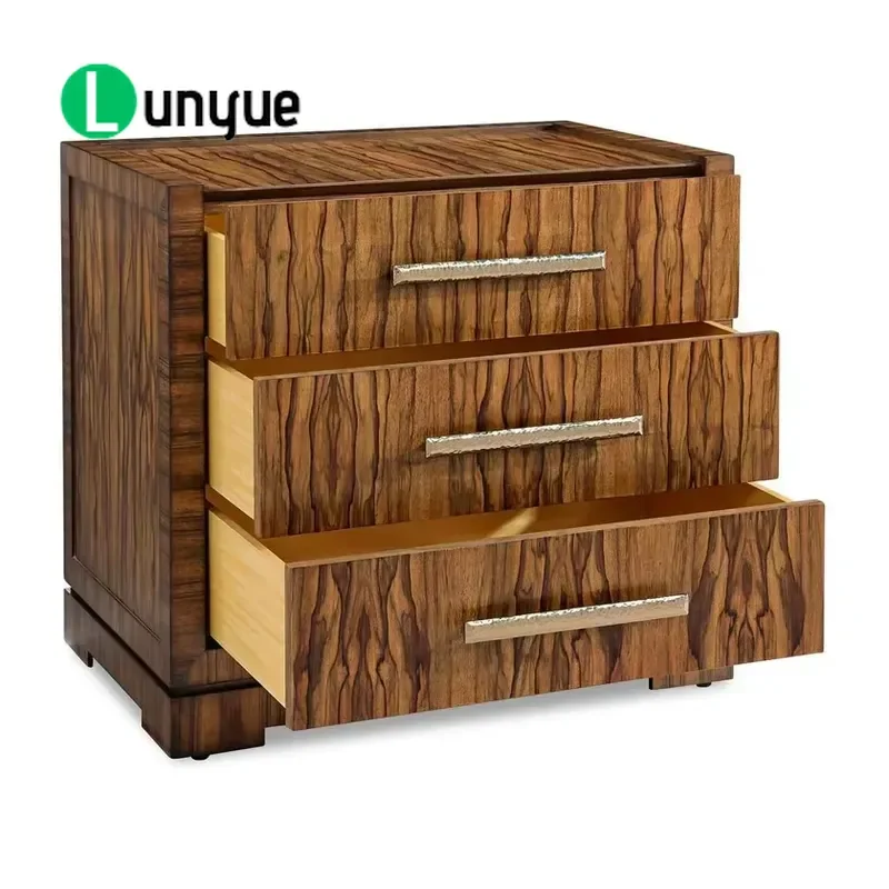 Hand Carved Wood Bedside Table with Metal Trim 3 Drawer Nightstand for Bedroom Furniture Storage Decor