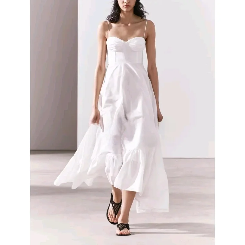 Vestido longo de seda sem mangas com decoração em camadas de laço de borboleta e gola de coração branca, estilo primavera, ci...