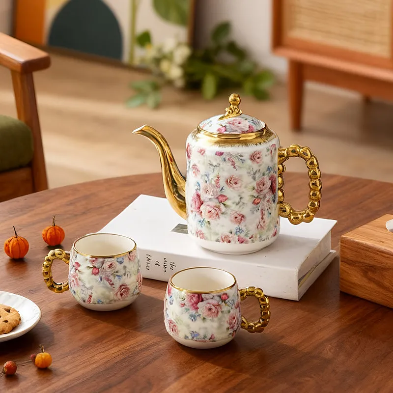 Luxury European Floral Gold Trim Ceramic Tea Set, 1Teapot  6Cups & Tray Gift Box, Vintage Home Party Serving for Restaurant Cafe view 3