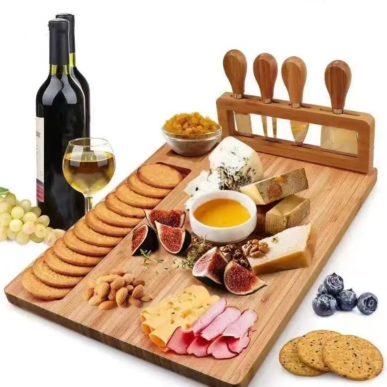 

Bamboo Outdoor Western food Pizza Plate, Cutting Board with Knife Set, Convenient Wooden Tray, Cheese Board kitchen organizer