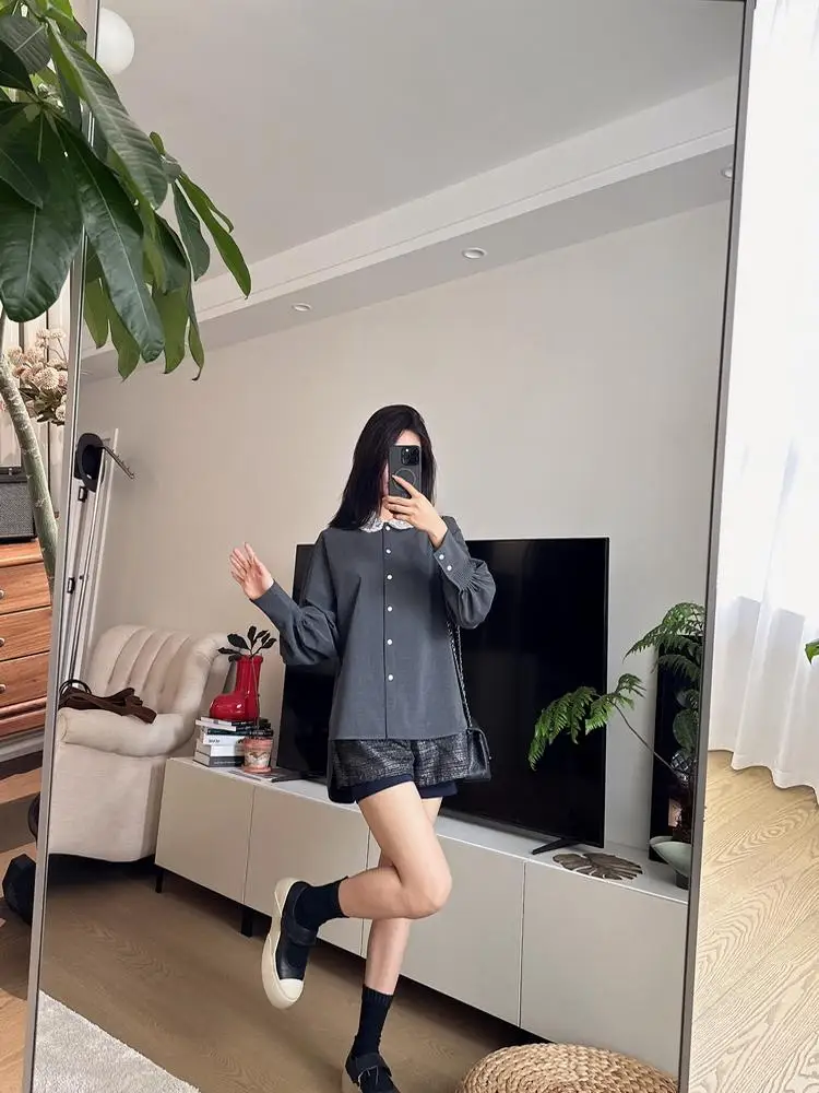 

Sweet Sle Embroidered Lace Peter Pan Collar JR Pattern Lantern Sve Casual irt Loose Fit Women's Faion Spring 2024