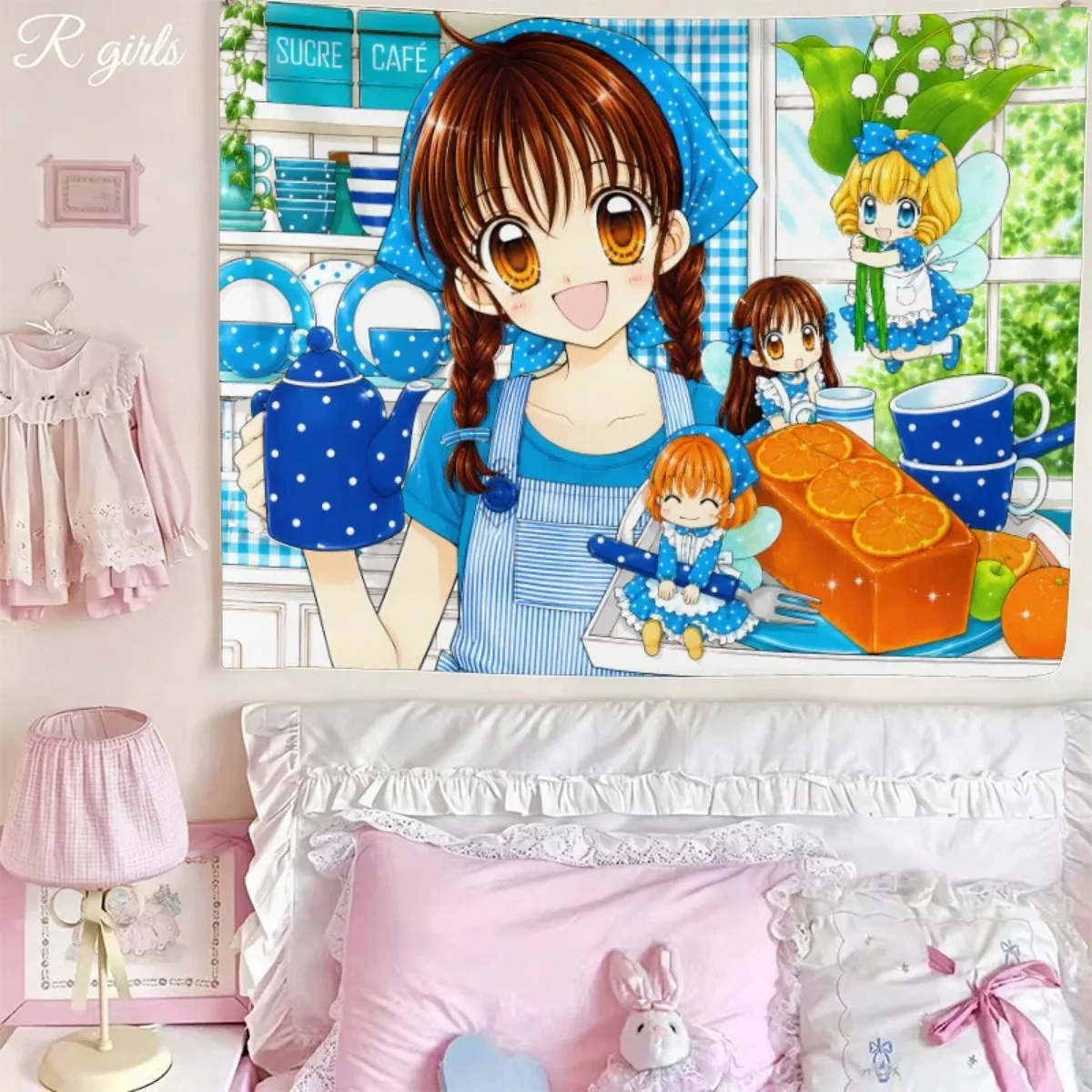 Retro Japanese Anime Tapestry, Blue Gingham Kitchen Girl & Tiny Fairies Print Wall Hanging, Fresh Blue Aesthetic Room Decor