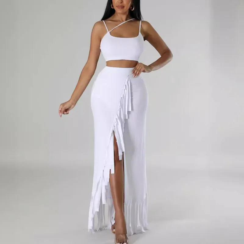 

Tassel Wrap Hip Skirt Set 2 Piece Women Outfits Fashion Pit Stripe Rib Knit Split Long Skirt Tank Top Y2k Two Piece Matching Set