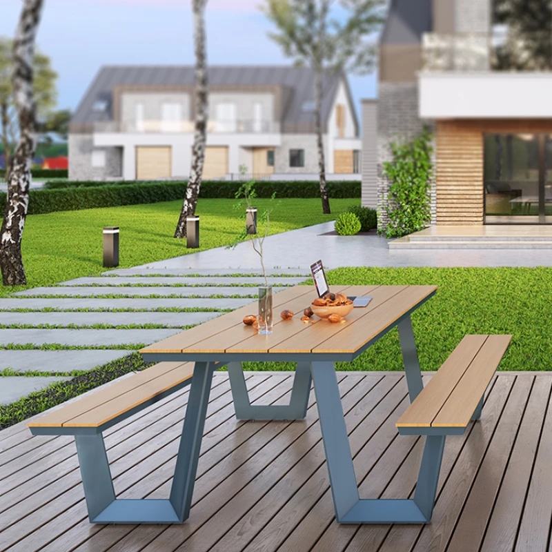 

Aluminum alloy outdoor one-piece table and chair anti-corrosion wood waterproof sunscreen one table and two chairs outdoor