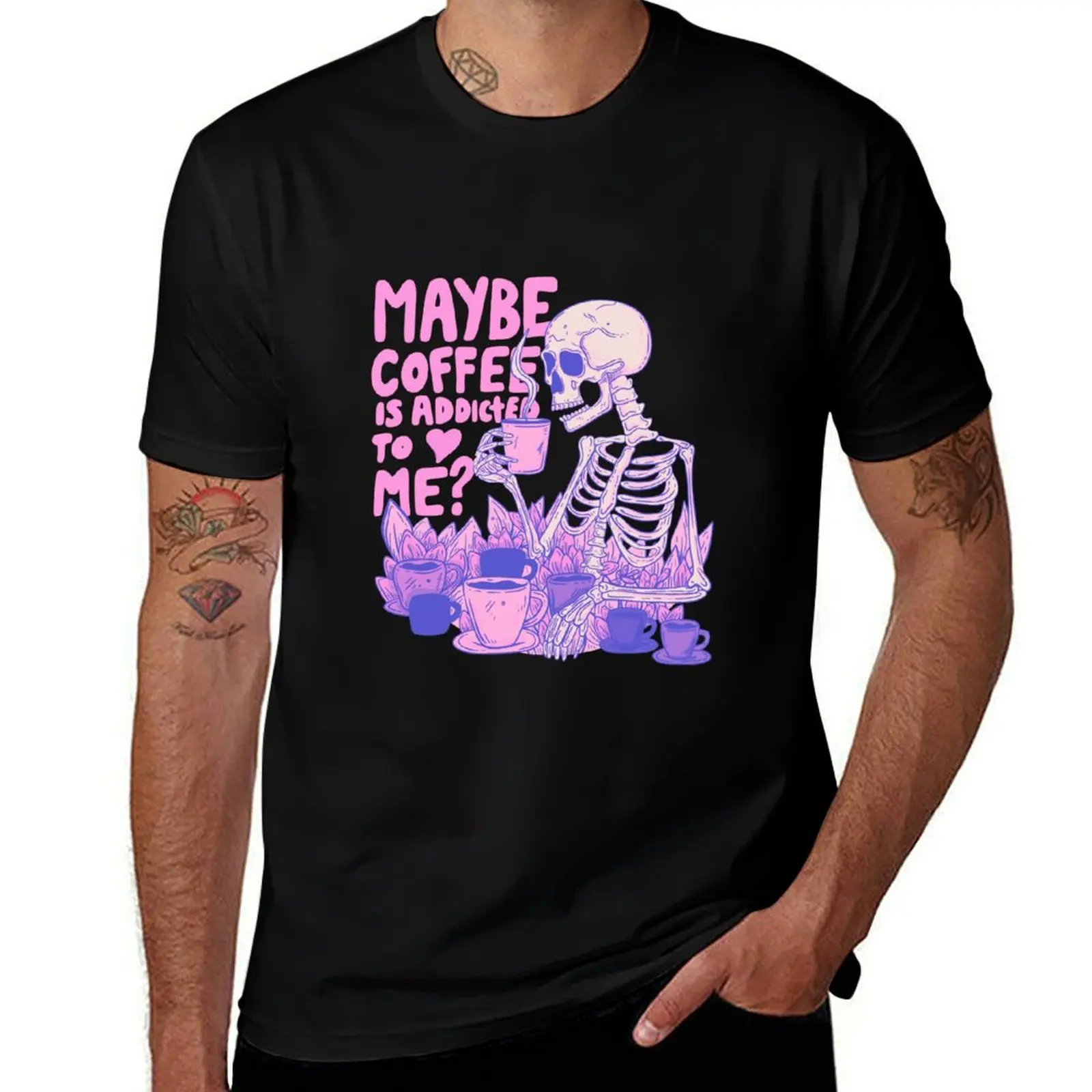 Pink Skeleton - Maybe Coffee is Addicted to Me T-Shirt Simple Casual Short Sleeve Tee T-Shirt