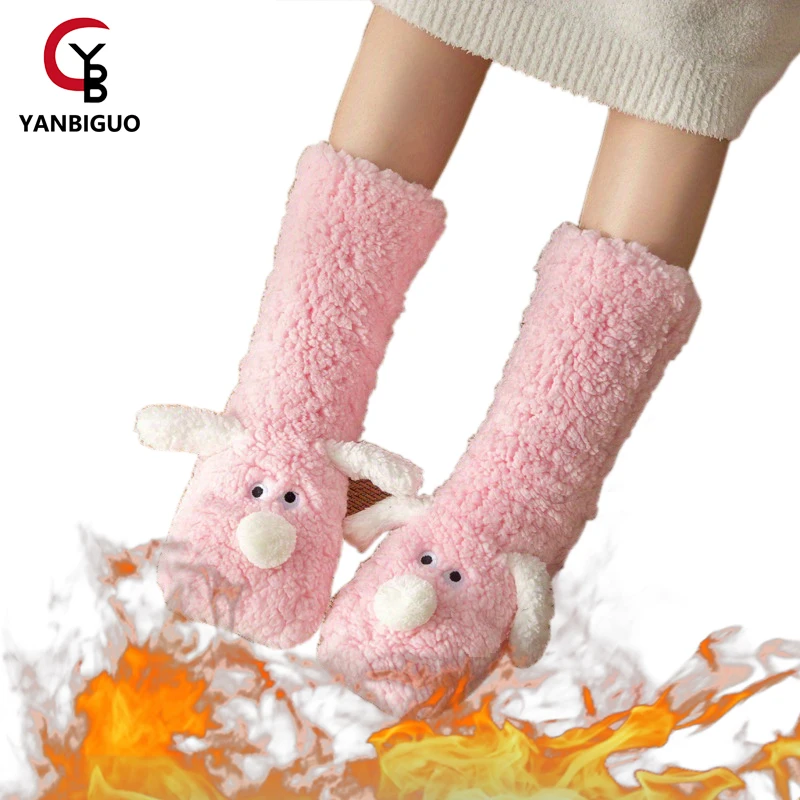 

YANBIGUO Winter Floor Socks Thicken Fur Warm Cute All-Match Sock Japanese-style Home Footwear Non-slip Sock New Year Gift