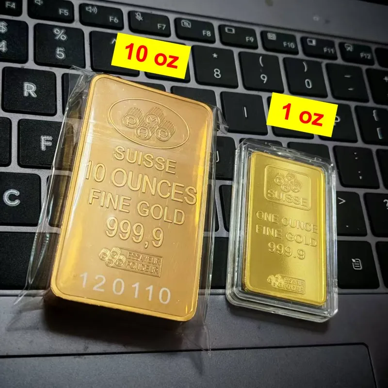 

Wholesale 10 oz Suisse Gold Bar Lady Gold Bullion Non Magnetic Brass 24k gold-plated Bullion With Different Laser Numbers