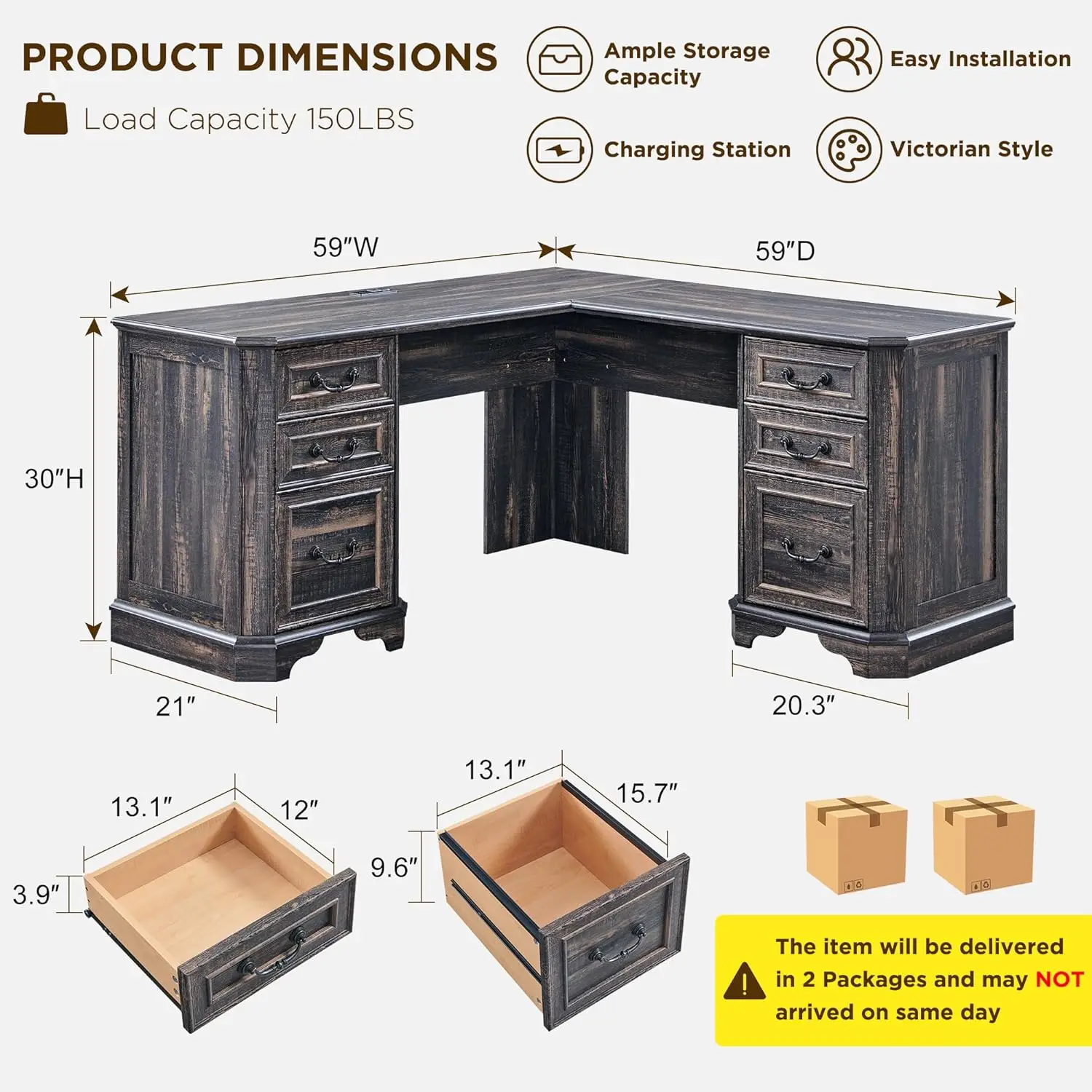 59-футовый L-образный стол с ящиками, компьютерный стол из дерева в фермерском доме, зарядная станция, ящик для документов, шкаф для хранения, дуб темного деревенского языка