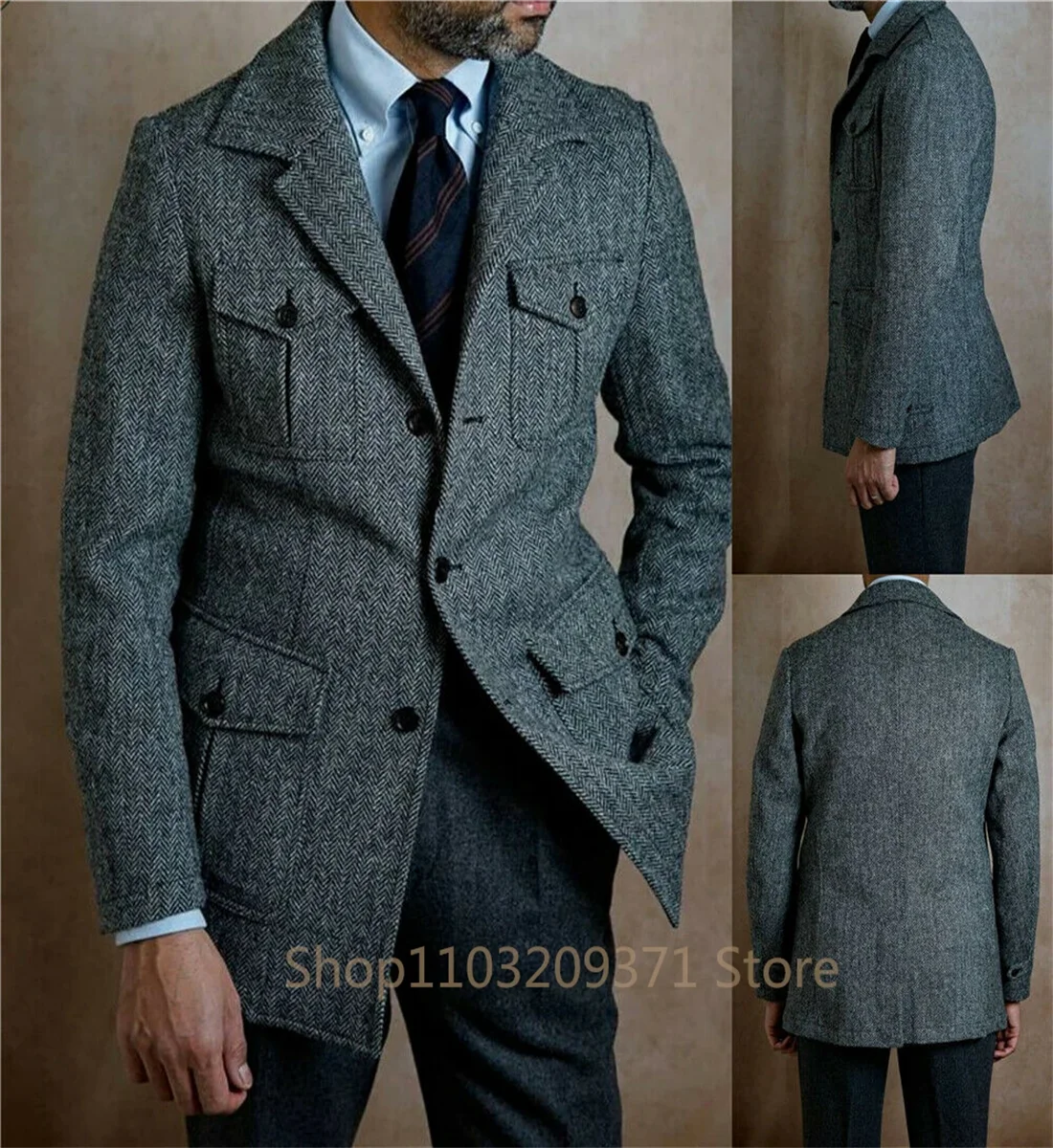 1 Pieces Men\'s Suit Jacket Herringbone Tweed Wool Jacket Winter Warm Short Jacket Retro Slim Fit Men Blazer Coat (Only Coat)