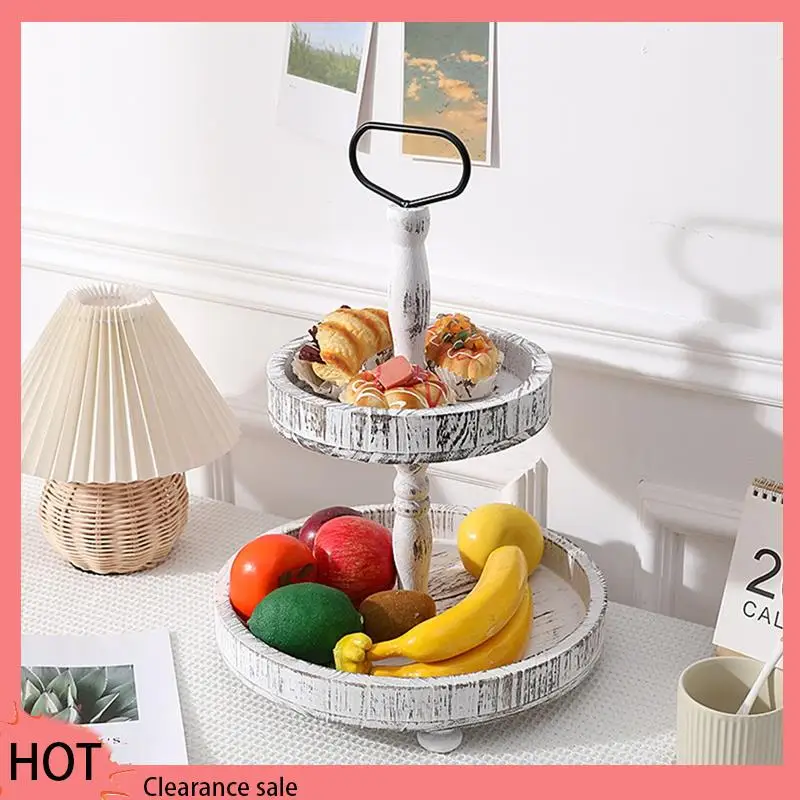 

A88Z Rustic Style Wooden Tiered Tray, Farmhouse Decorative Tray, Round Tray With Metal Handles