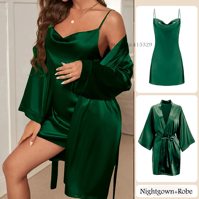 

Female Twinset Robe Set Silk Satin Bathrobe Gown Sexy Slip Nightgown Lingerie Summer Wedding Bride Nightwear Casual Sleepwear