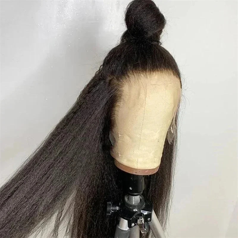 Peluca frontal de encaje liso sin pegamento para mujer, pelo de bebé prearrancado, resistente al calor, 26 "de largo, negro, Yaki, suave, 180de densidad