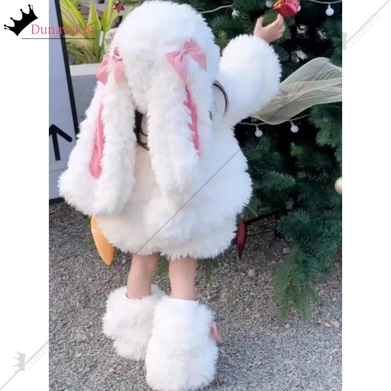 Child Kawaii Rabbit Ears Furry Cosplay Clothes Winter Hoodies Warm Zip-up Casual Suit Lolita Hoodie Long Sleeve