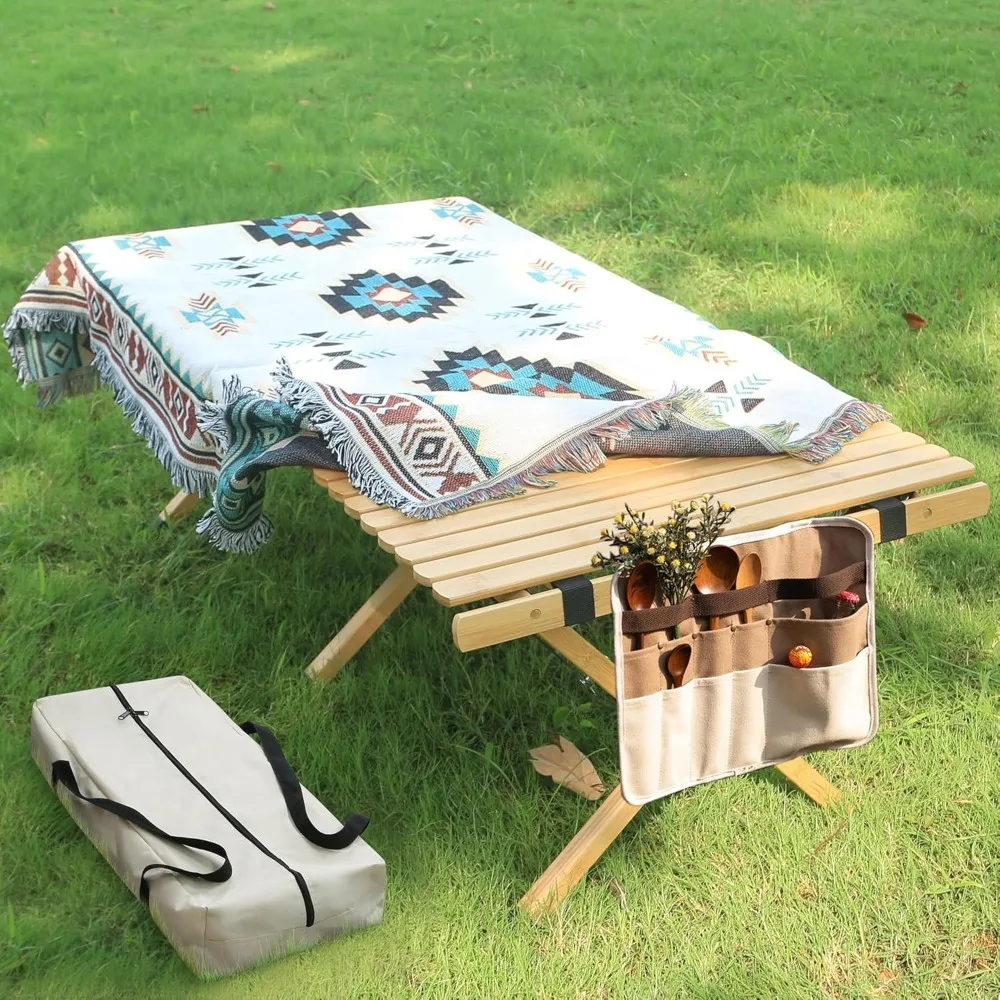 Low Picnic Table, 4Ft Bamboo Folding Camping Table with Carry Bag and Tablecloth, Portable Beach Table, Outdoor Tables