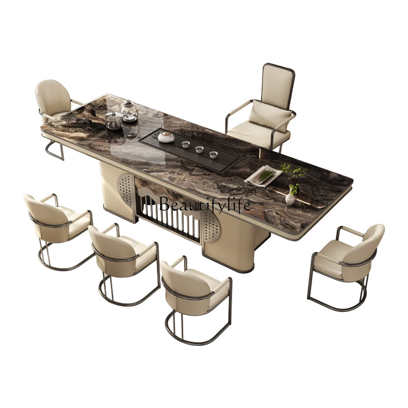 

Luxury stone rock slab tea table Modern light luxury office tea table kettle integrated new Chinese style