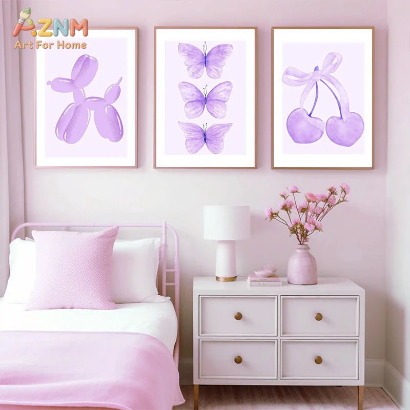 AZNM Purple Coquette Canvas Wall Art Bow Cherry Daisy Butterfly Balloon Dog Heart Poster Print Minimalist Girls Room Decor Unfra