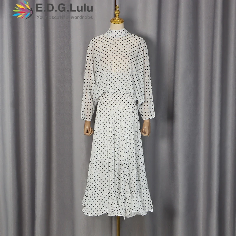 EDGLuLu Two Piece Set Woman Stand Up Collar Long Sleeved Short Top+High Waisted Fishtail Skirt Chiffon Suit New 0817