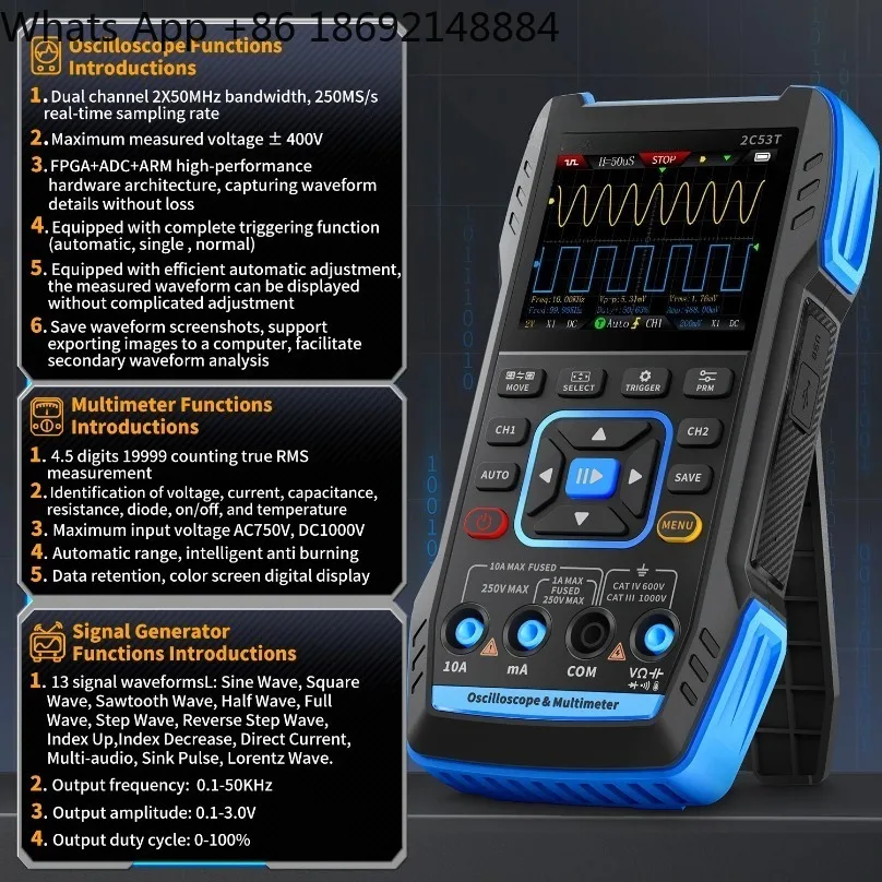 2C23T 2C53T 3‑in‑1 Dual‑Channel Handheld Oscilloscope Multimeter Signal Generator 50MHz Automotive Testing Tool