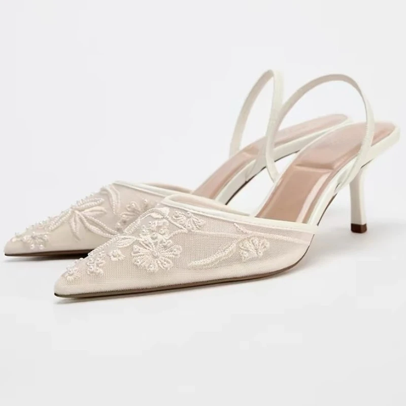 

Mesh Embroidered Heeled Sandals Women String Bead Elegant Slingback High Heels Ladies Pointed Toe Pumps Wedding Party Shoes