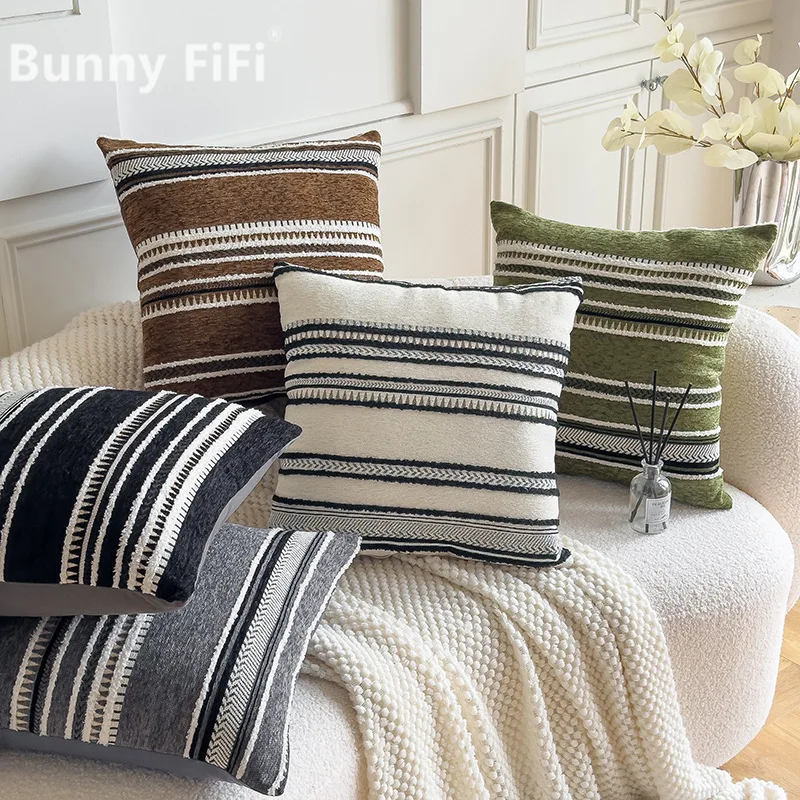Chenille Throw Decorative Pillow Covers Textured Striped Boho Cozy Neutral Cushion Cover For Sofa Bedroom Living Room Decoration