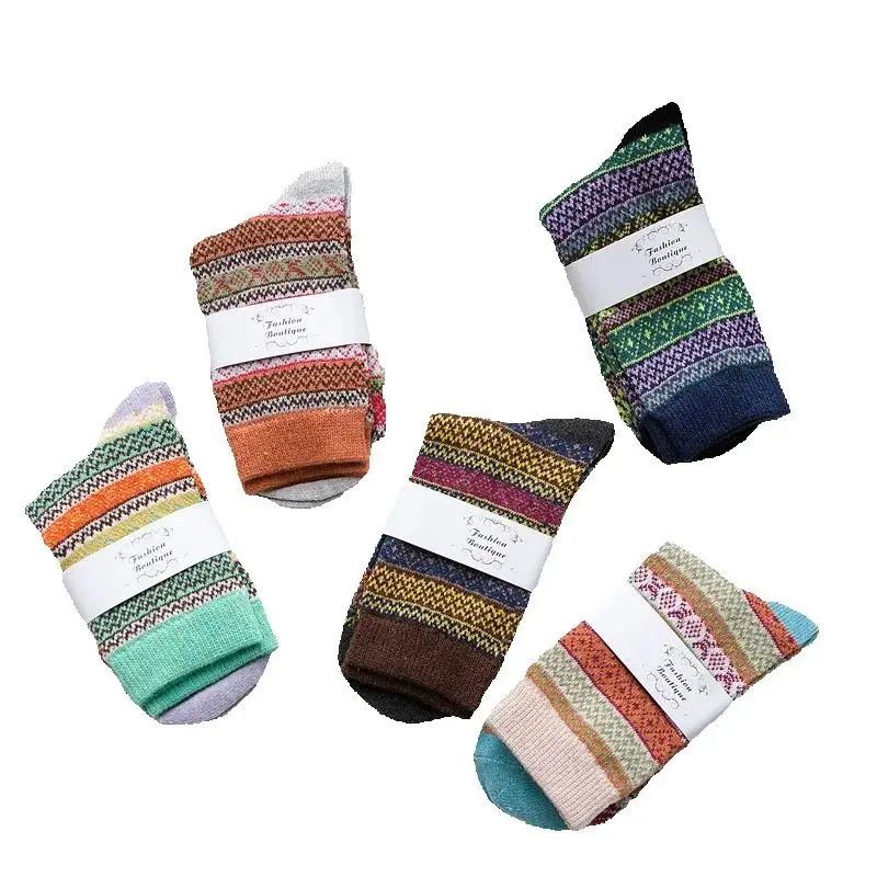 

Осенние и зимние женские шерстяные носки, этнические женские носки, полосатые носки с цветочным узором