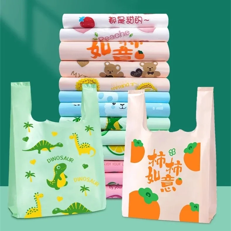 

100pcs Cartoon Dinosaur Pattern Plastic Handle Bag Shop Take Out Food Baking Dessert Biscuit Pack Plastic Fruits Packing Bags