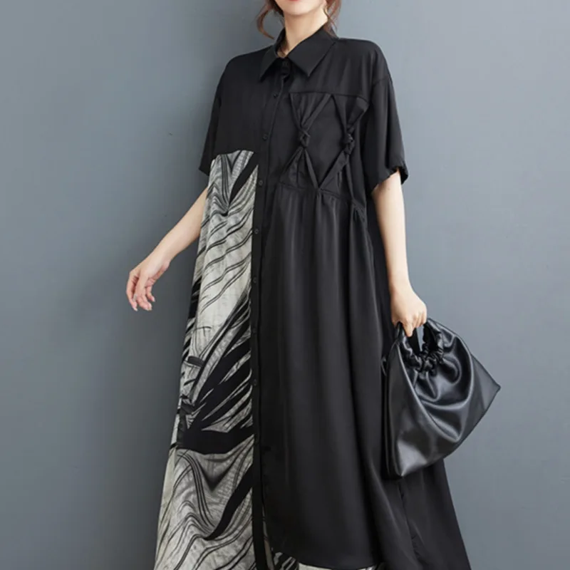 #3961 Summer Black Printed Asymmetric Shirt Dress Women Split Joint Vintage A-line Midi Dress Turn-down Collar Long Shirt Dress