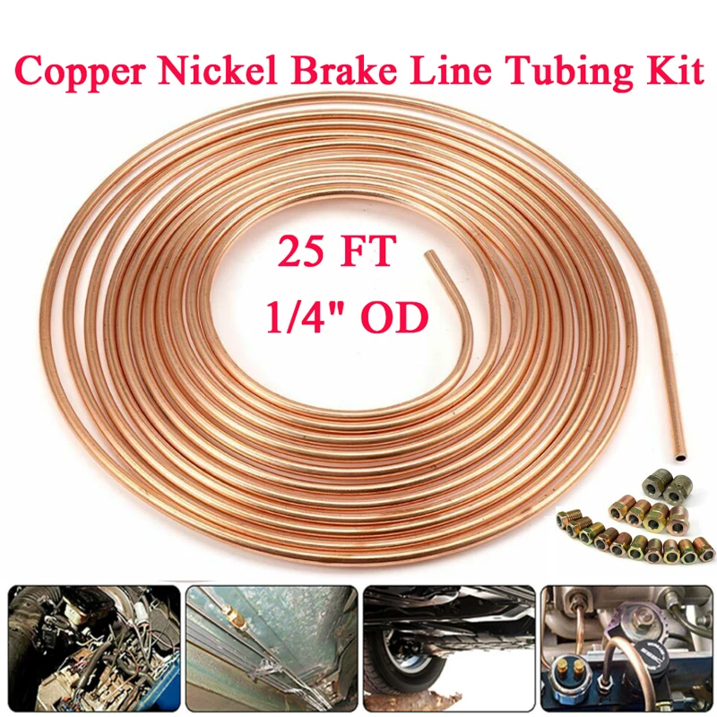 25ft 1/4' Flexible Copper Nickel Brake Line Tubing Kit Fittings for Hydraulic Fuel Transmission System with 16 Fittings