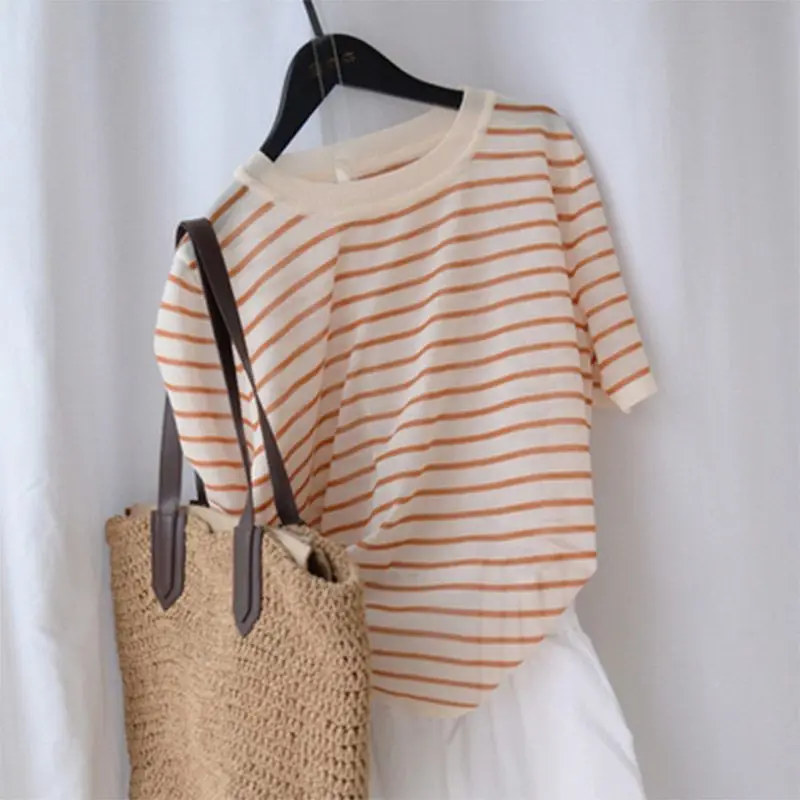 2023 Orange Stripe Short Sleeve T-shirt Women's Summer Thin Sweet Thin Top