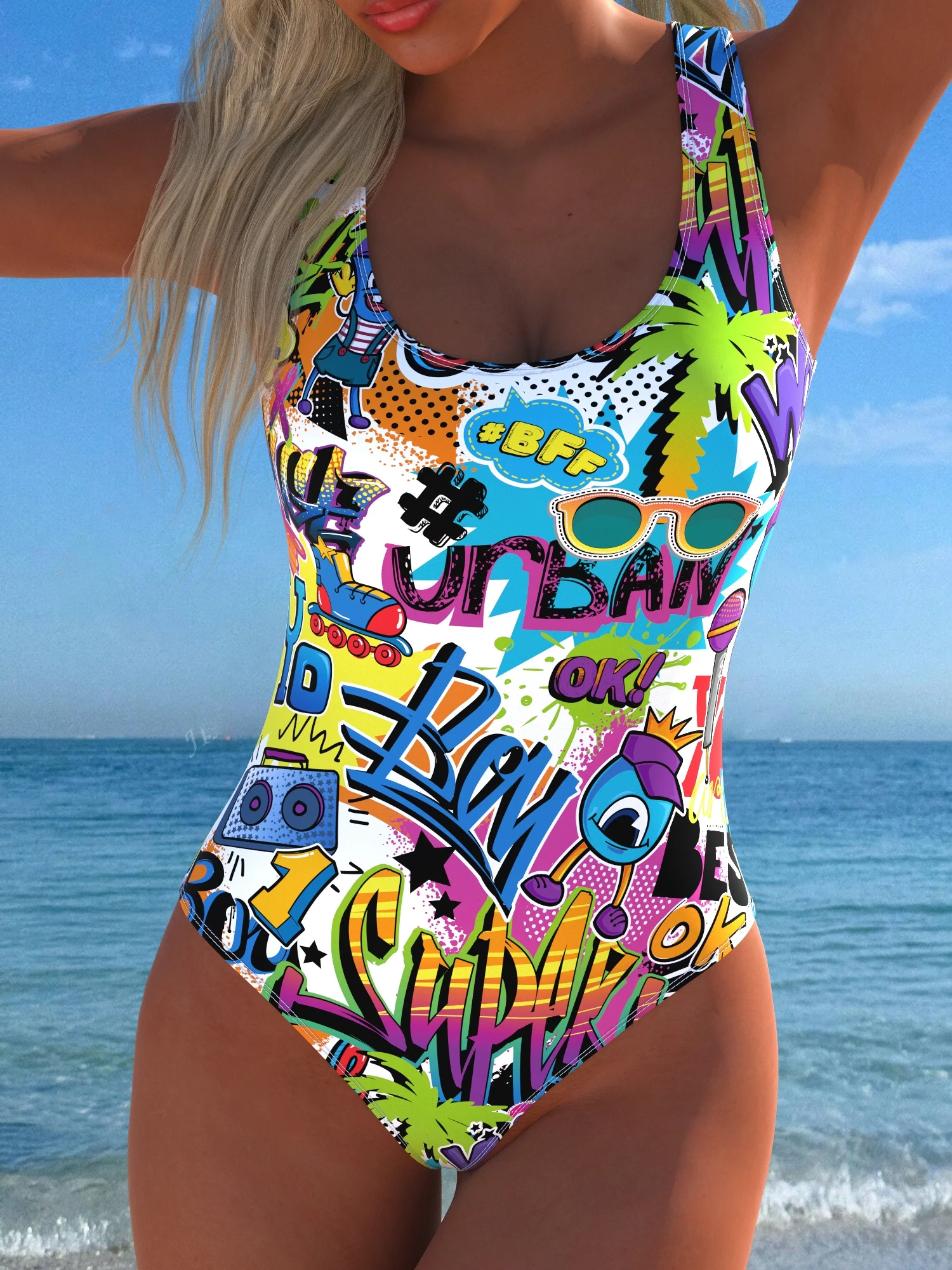 

Women's Colorful Graffiti Print One Piece Swimsuit 2026 U Neck High Cut Swimwear Summer Beach Bathing Suit