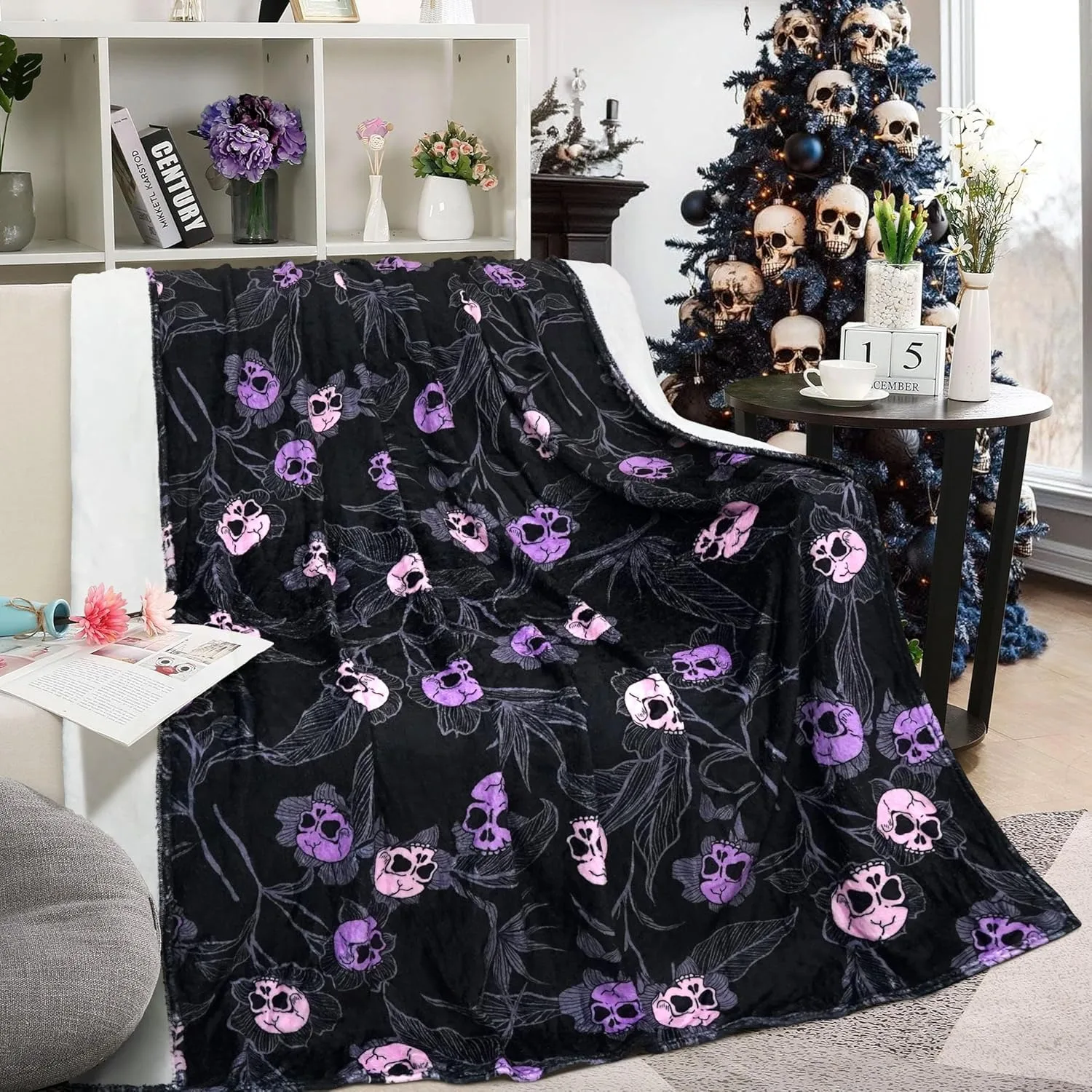 

1PC Halloween Theme Throw Blanket Skeleton Skull Flowers arts Thin Blanket Gifts for Couch Bed Car Home Camping all season use