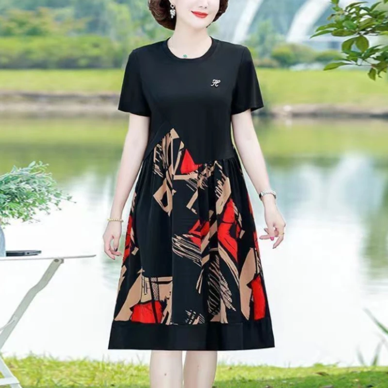 2024 New Summer Korean Edition Fashion Minimalist Loose Dresses Short Sleeved Round Neck Printed Panel A-line Women's Midi Dress