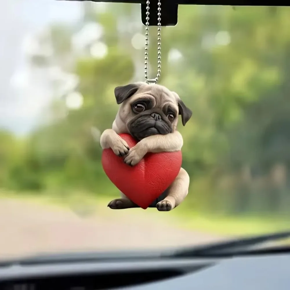 Adorable llavero de perro Pug con corazón, colgante acrílico de cachorro bonito, amuleto versátil para mochilas con espejo de coche, regalo y decoración festivos para el hogar