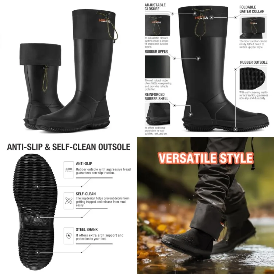 

HISEA Men's Rubber Rain Boots, Waterproof Lightweight Mud Boots with Adjustable Gaiter Collar, Comfortable Tall Garden Shoes fo