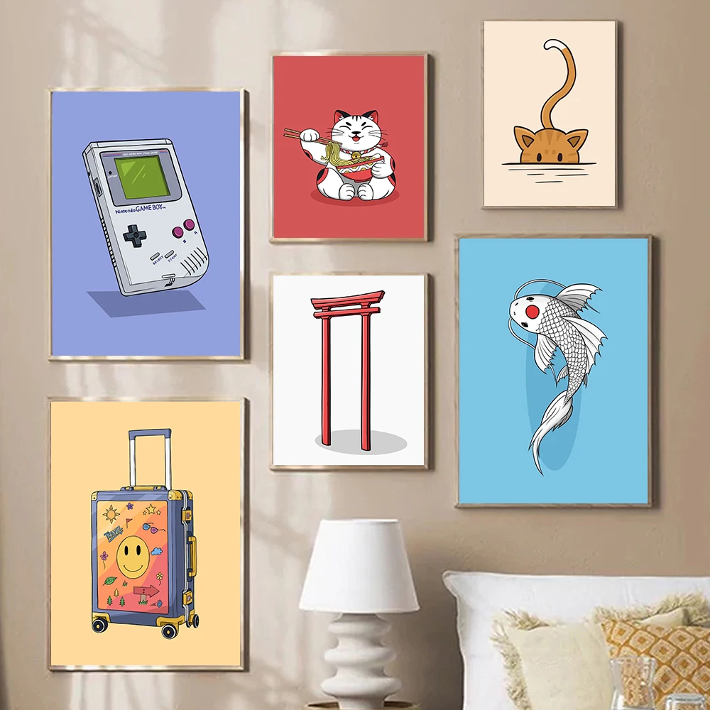 Japan Fish Minimalist Gate Posters Funny Suitcase Travel Cute Ramen Cat Wall Art Canvas Painting For Gameboy Room Decor Prints