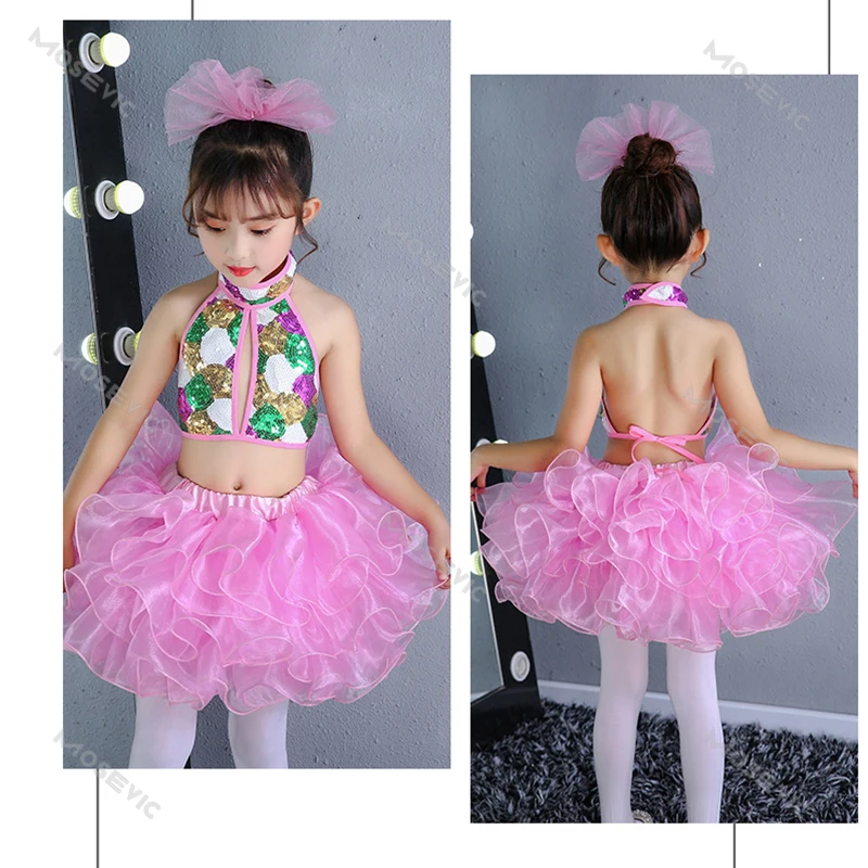 3PCS Kids Girls Modern Jazz Ballet Costume Da ballo latino Outfit ragazze senza maniche paillettes lucide Crop Top con nappa Set con gonna Da