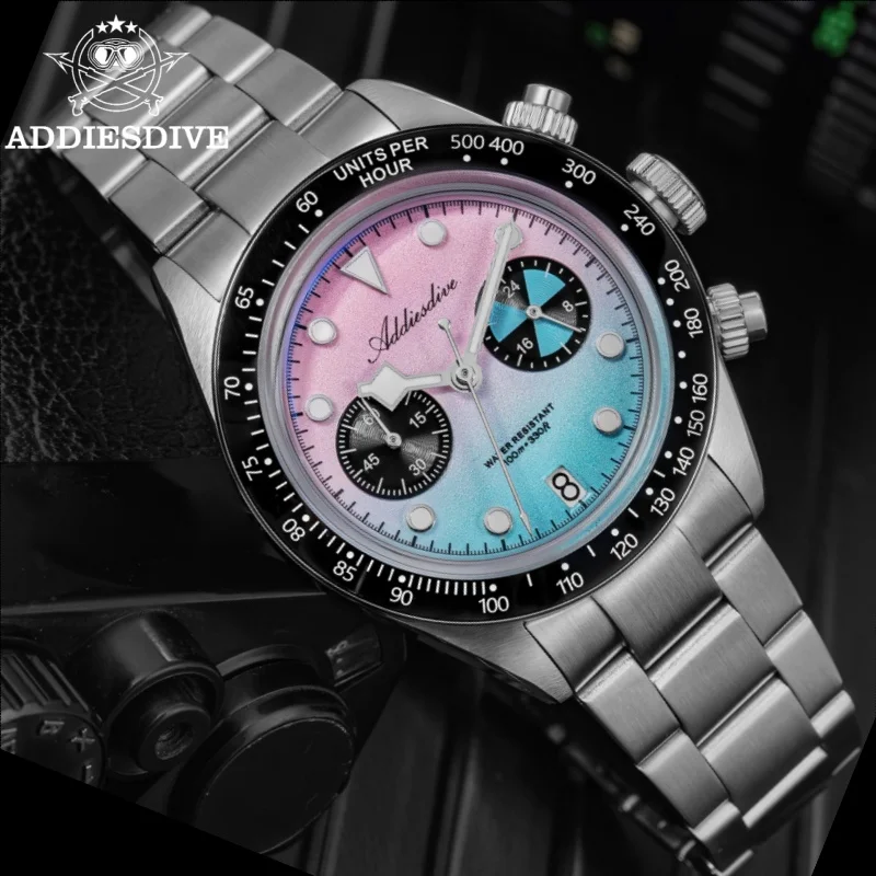ADDIESDIVE Reloj Men Watch AD2559 BGW9 Super Luminous 10Bar Waterproof VK64 Chronograph QuartzWatch 316L Steel Reloj Hombre