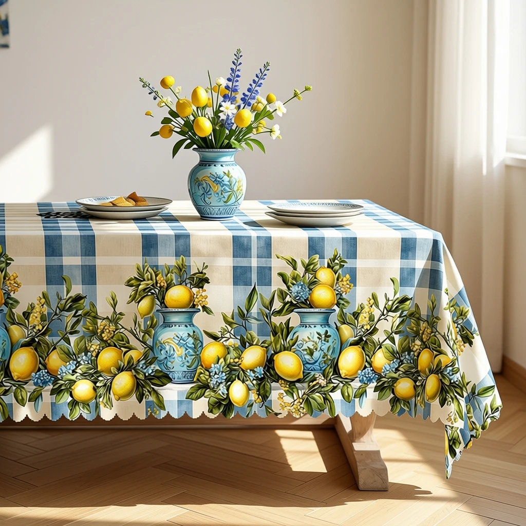 Summer Lemon Tablecloth with Citrus & Hydrangeas for Indoor/Outdoor Camping decor, Rectangular/Round/Oval