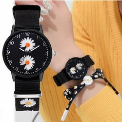 Nylon Women Watch 2 PCS Set Bracelet Ladies Wristwatches Daisy Flowers Fashion Cute Quartz Girls Clock Students 2022 reloj mujer