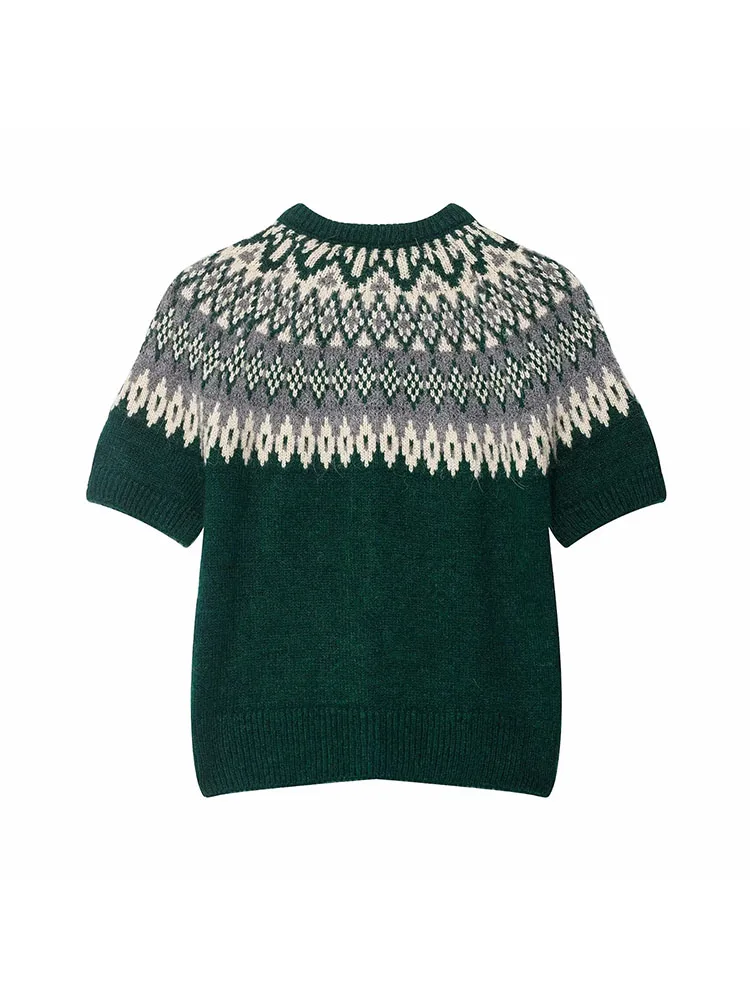 Cárdigan de punto Jacquard para mujer, Otoño Invierno, un solo pecho, manga corta, cuello redondo, suéter corto de otoño, prendas de vestir exteriores