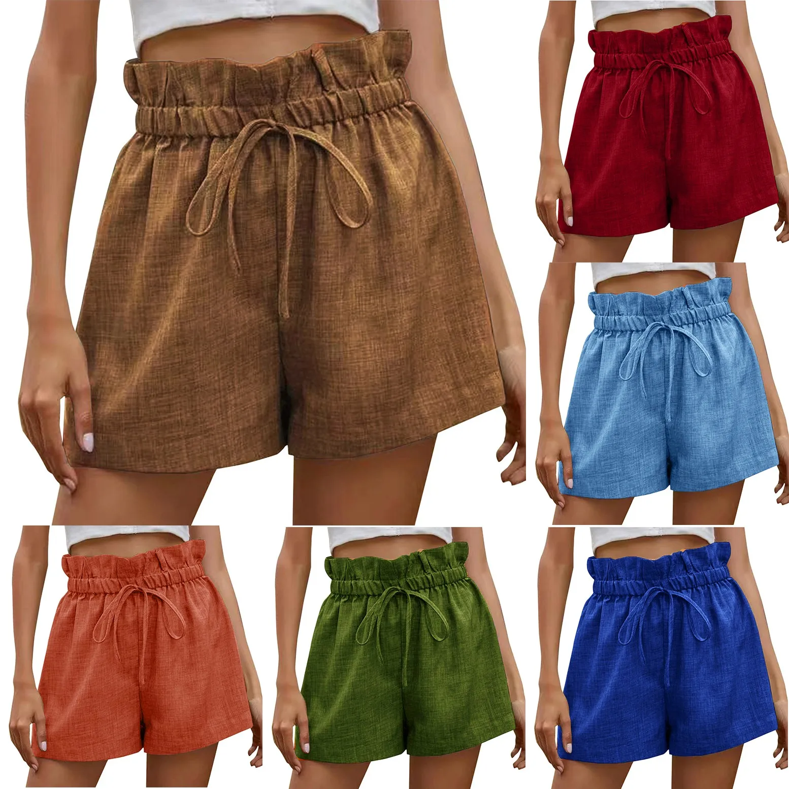 Calça curta com cordão para mulheres, cintura alta, monocromática, bolsos duplos, calças de pernas largas, calções casuais, streetwear ao ar livre, verão