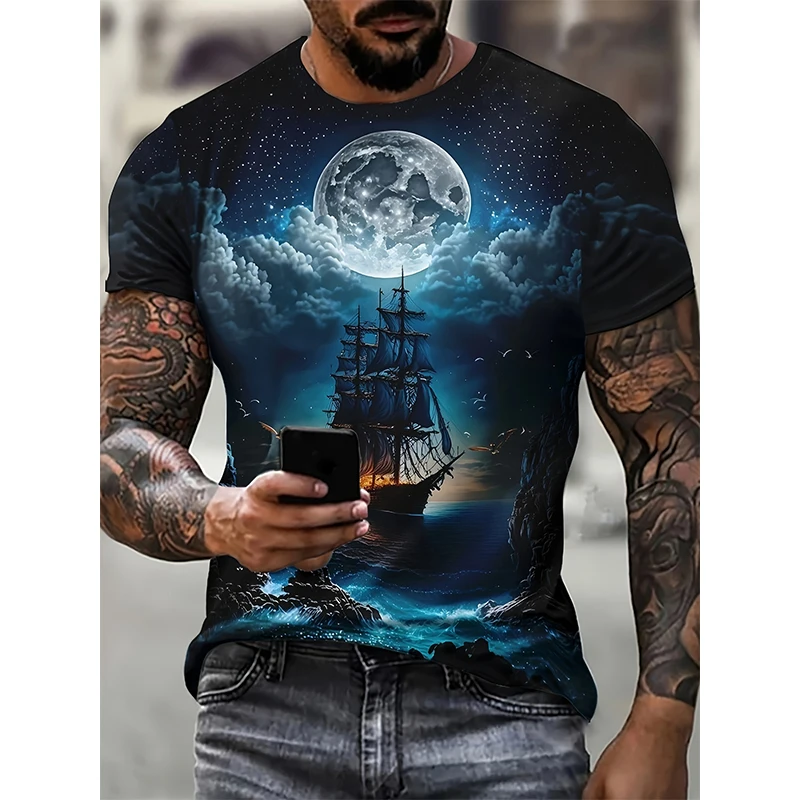 Sailing Ship Graphic T-Shirts Sailboat 3D Print Casual Crew Neck Men T-Shirt Harajuku Short Sleeve Oversized Men's Clothing Tees