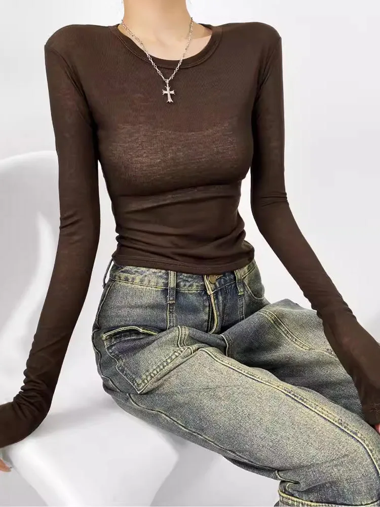 Women Crew Neck Fitted Long Sleeve Semi Sheer T-shirt image 4
