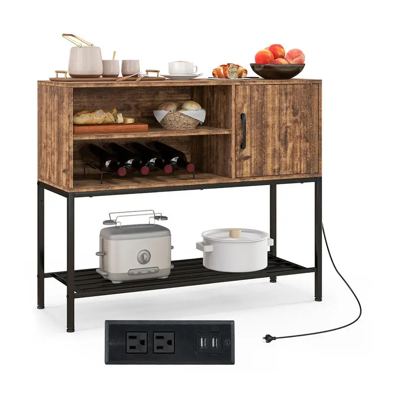 

Buffet Sideboard Coffee Bar Cabinet with Power Outlets and USB Ports-Rustic Brown