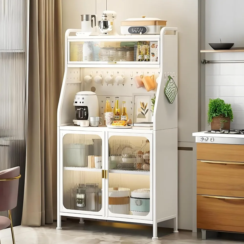 

Kitchen Pantry Storage Cabinet with Hutch, 66" Tall Modern Buffet Cabinet with Microwave Stand, Pegboard and Adjustable Shelf, K