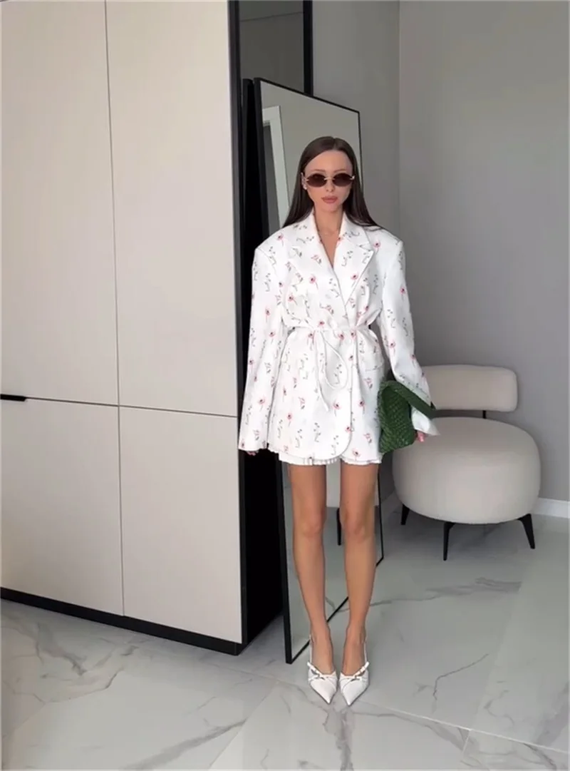 Autumn Flower Women Suit 1 Piece Blazer With Belt Formal Office Lady Jacket Wedding Guest Robes Winter Party Evening Bridal Coat