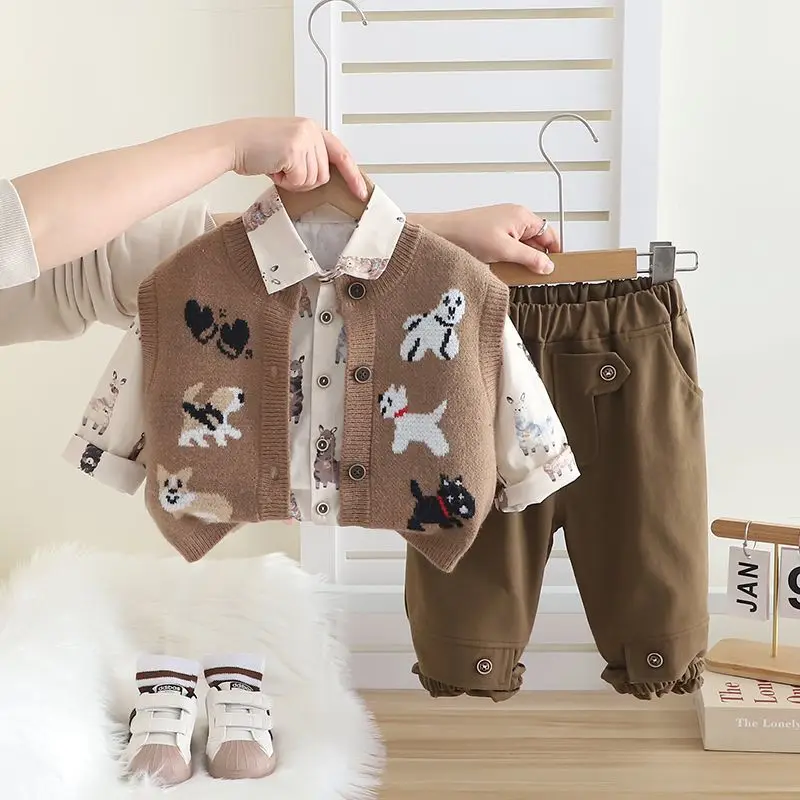 Baby Boys 3-Piece Clothing Set Spring Autumn Long Sleeved Sweater Shirt Vest Pure Cotton Casual Pants Children's Wear