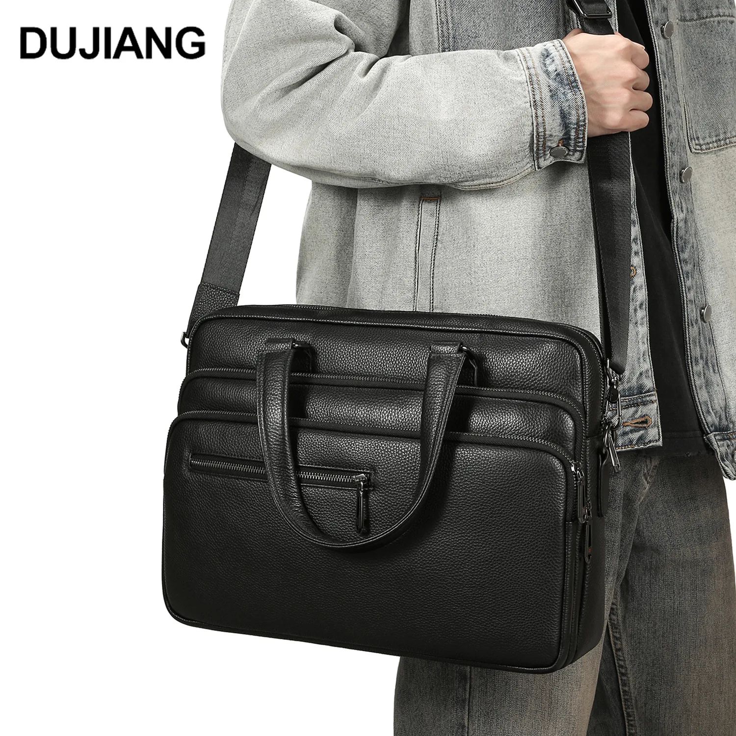 Men's genuine leather multi-pocket briefcase, 14-inch computer storage business multi-functional single-shoulder handbag